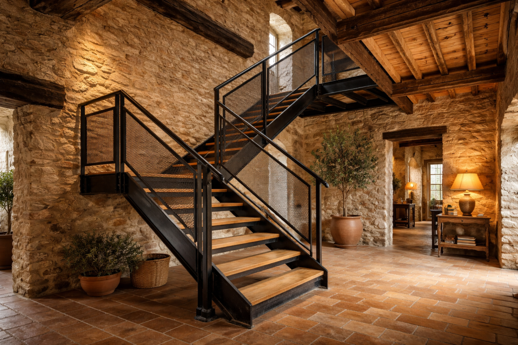 "Transformez votre bastide provençale avec un escalier métallique de design industriel : charme et modernité garantis !"