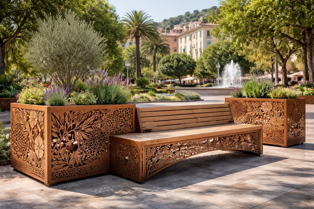 Mobilier urbain unique en PACA : personnalisez avec découpe laser, emblèmes et motifs pour villes et communes.